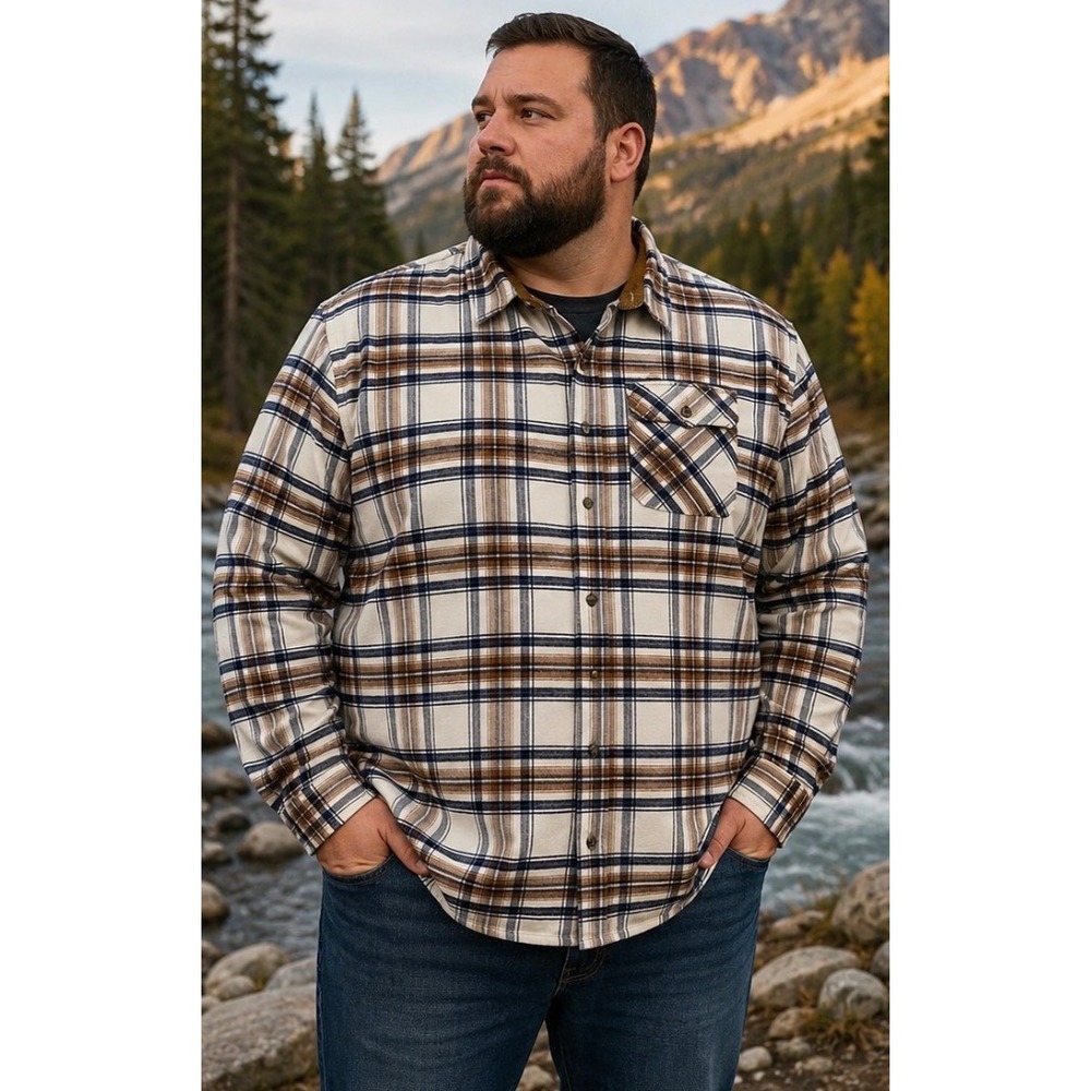 CQR Mens 3XL Plaid Flannel Shirt Cream Brown Blue Cotton Button Down Long Sleeve